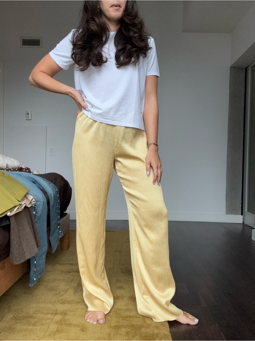 Zara Pale Yellow Wide-Leg Pull-On Trousers size M